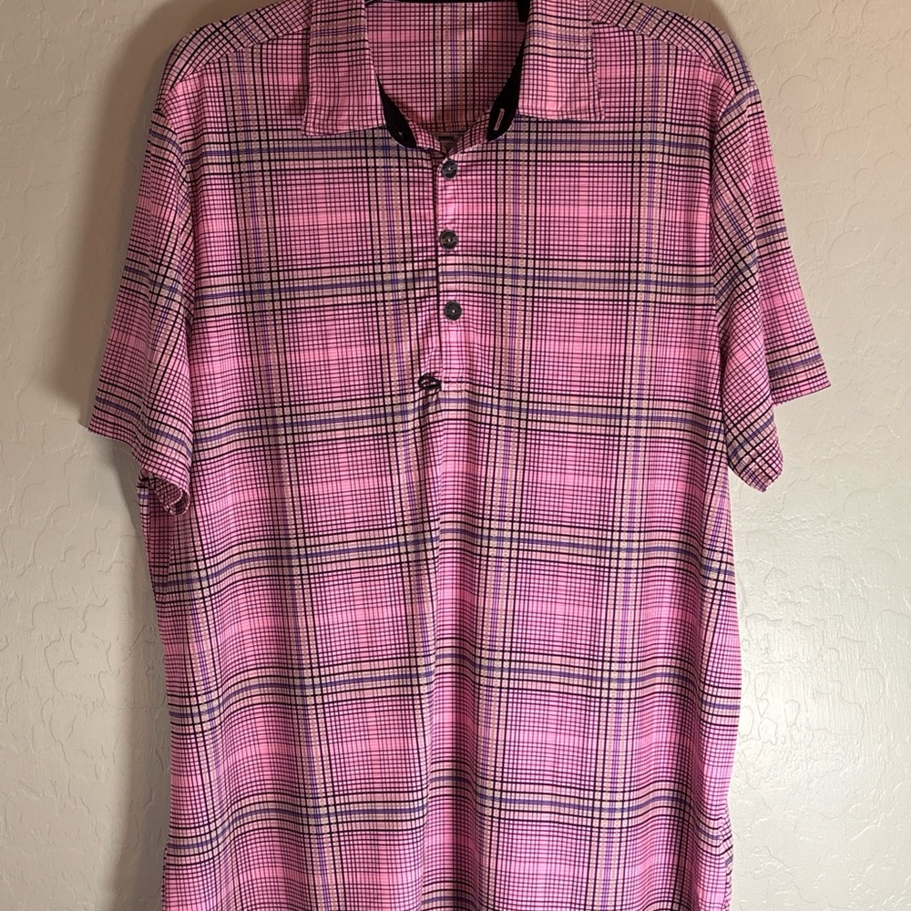 Jamie Sadock Polo Shirt Large Mens Blue Pink Plaid Short Sleeve Golf Athletic